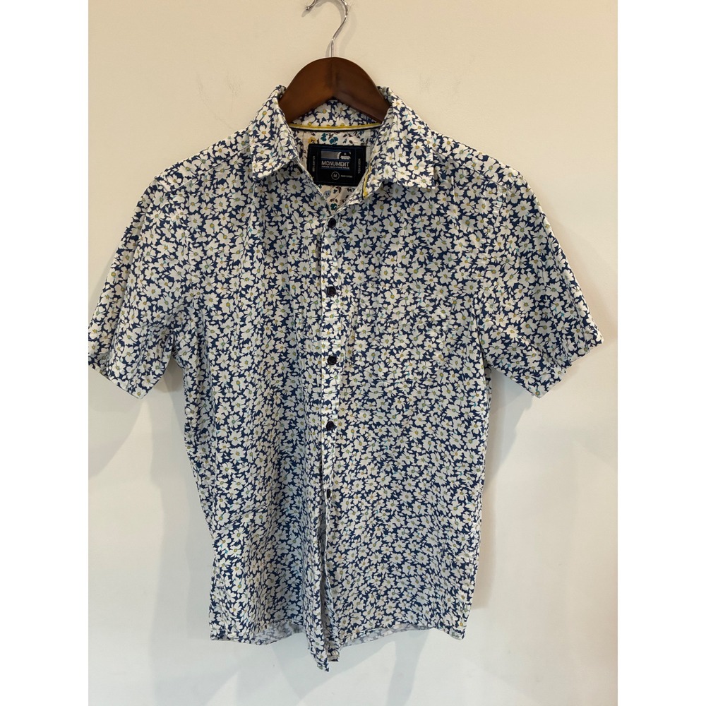 Monument Mens Floral Daisy Print Short Sleeve Button Down Cotton Shirt Navy M155
